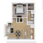 Charming 1-bedroom apartment floor plan showcasing an open living area with modern kitchen and cozy lounge. Includes large closet space and well-equipped bathroom.