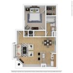 Contemporary floor plan with a spacious bedroom, sleek kitchen with island, cozy living area, dining space, and modern bathroom.