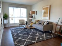 Living Spaces That Inspire Bright and inviting living room with modern decor, featuring a cozy gray sofa, stylish geometric rug, and large window filling the space with natural light.