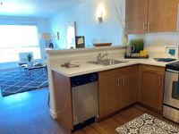 From Coffee Mornings to Dinner Parties Modern open-plan kitchen with sleek wooden cabinetry and stainless steel appliances, seamlessly flowing into a bright living area adorned with stylish decor and a large window offering ample natural light.