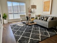 Bright, Open Floor Plans Inviting living room with natural light, featuring a stylish gray sofa, vibrant cushions, and a chic geometric rug on wooden flooring.