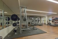 Train Without the Commute Modern apartment gym with state-of-the-art equipment, featuring treadmills, weight station, and sleek design perfect for fitness enthusiasts.