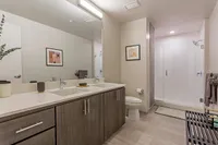 Modern bathroom with elegant dual sinks, sleek cabinetry, a large mirror, and a spacious walk-in shower.