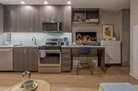 Contemporary kitchen with sleek modern cabinetry, stainless steel appliances, and a cozy workspace perfect for multitasking in a stylish apartment.