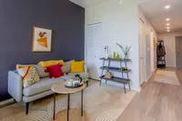 Inviting living room with stylish gray sofa, vibrant pillows, and modern decor against a chic dark accent wall.