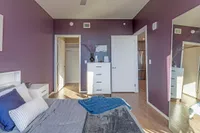 Chic bedroom with stylish purple accents, cozy bedding, and ample natural light creating an inviting and modern atmosphere.