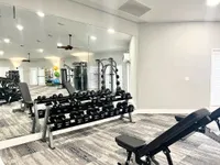Fully Equipped for Every Workout Modern gym with state-of-the-art equipment, featuring a mirrored wall, free weight area, and sleek flooring.
