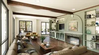 Elegant living room with modern fireplace, stylish built-in shelving, and large windows offering abundant natural light.