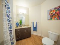 Modern bathroom with elegant hardwood floors, stylish granite countertop, and vibrant wall art, perfect for a contemporary home.