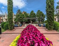 Charming outdoor community area with vibrant foliage, elegant brick pathways, and cozy seating under a stylish pergola.