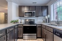 Modern kitchen with sleek dark wood cabinets, stainless steel appliances, and bright natural light streaming through large windows.