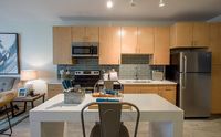 From Coffee Mornings to Dinner Parties Chic modern kitchen with stainless steel appliances and sleek wooden cabinetry, seamlessly connected to a cozy living area.