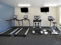 Modern fitness room featuring treadmills, elliptical machines, and stationary bike with sleek design and ample natural light.