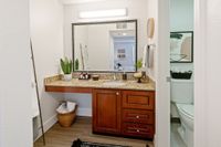 Refresh & Rejuvenate Elegant bathroom featuring a granite countertop with rich wood cabinetry, stylish plant decor, and a large illuminated mirror creating a welcoming ambiance.