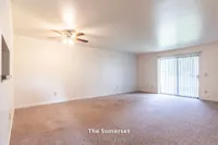 Bright and spacious living room in The Somerset with carpeted floors, ceiling fan, and expansive glass doors leading to an outdoor view. Ideal for modern living in 970 sq. ft.