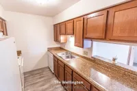 Modern kitchen at The Wellington with sleek granite countertops, ample cabinetry, and a large double sink, part of a 2 bed, 1 bath, 900 sq. ft. apartment.