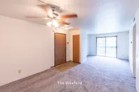 Bright and spacious living area in The Wexford apartment, featuring 1 bed and 1 bath, with large windows and cozy carpeted floors, 690 sq ft.