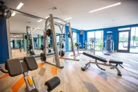 Modern gym room with high-end fitness equipment and vibrant design, featuring large windows and stylish flooring.