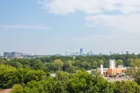 Breathtaking urban skyline view featuring lush greenery and modern high-rises under a clear blue sky.