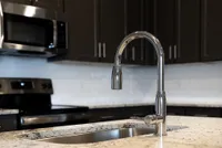 Elegant kitchen with sleek granite countertops, modern stainless steel faucet, and stylish dark cabinetry.