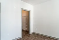 Modern apartment room featuring sleek wooden flooring and a versatile walk-in closet with ample shelving.
