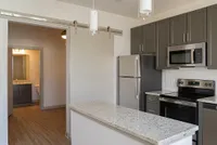 Modern kitchen with sleek grey cabinets, stainless steel appliances, and a stylish granite countertop, leading into a cozy bathroom.