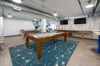 Chic recreational room boasting a pool table, foosball, and shuffleboard on a stylish blue-patterned rug, perfect for entertainment.