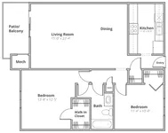 Modern floor plan showcasing 2 spacious bedrooms, an open living-dining area, a sleek kitchen, and a cozy patio.
