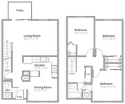 Modern two-story floor plan featuring a spacious living room, gourmet kitchen, dining area, three cozy bedrooms, two elegant bathrooms, and a charming patio.