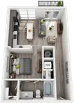 Modern 1-bedroom apartment floor plan with spacious living area, stylish kitchen island, cozy bedroom, and private balcony.