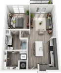 Chic 3D floor plan featuring a spacious 1-bedroom apartment with an open-concept kitchen, cozy living room, and modern bathroom. Includes a private balcony and in-unit laundry for ultimate convenience.