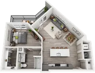 Modern 1-bedroom apartment floor plan with open-concept kitchen, cozy living area, sleek bathroom, and private balcony.