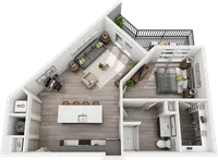 Chic apartment floor plan featuring a spacious bedroom, modern open-concept living area with kitchen island, cozy balcony, and stylish bathroom layout.