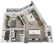 Chic 3D floor plan showcasing 1 bedroom with balcony, stylish open-concept living space, modern kitchen with island, and cozy living room, perfect for urban living.