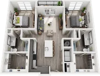 Contemporary 3D floor plan showcasing 2 bedrooms with large windows, modern kitchen with island, and cozy living room. Inviting design with stylish furnishings and ample natural light.