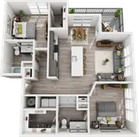 Modern 3D floor plan featuring two spacious bedrooms, elegant open-concept kitchen and living area, and a stylish patio space.