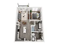 Chic 3D floor plan showcasing a cozy 1-bedroom apartment with an open-concept living space, modern kitchen, elegant bathroom, and private balcony.