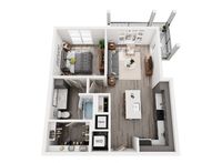 Modern 3D apartment floor plan showcasing 2 cozy bedrooms, elegant open-concept living area, sleek kitchen with island, and private balcony access.
