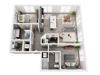 Modern 3D floor plan showcasing two spacious bedrooms, stylish open kitchen with island, cozy living area, and chic dining space.