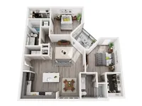 Modern 3D floor plan showcasing 2 bedrooms, 2 bathrooms, open-concept living area, stylish kitchen, and private balcony.