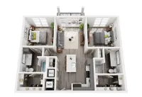 Modern 3D floor plan showcasing 2 bedrooms, open-concept living and dining area, and a sleek kitchen with island seating.