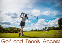 Lush green golf course scene with a golfer mid-swing under a bright blue sky, highlighting available golf and tennis access.