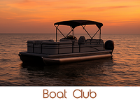 Serene sunset view of a pontoon boat floating on calm waters, perfect for a relaxing boat club getaway.
