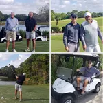 Picturesque golf course scenes featuring golfers enjoying a sunny day, lush green landscapes, and a stylish golf cart ride.
