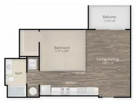 Modern floor plan showcasing a spacious 1-bedroom, open kitchen and living/dining area, bathroom, and cozy balcony.