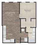 Modern 1-bedroom floor plan showcasing an open-concept living/dining area, integrated kitchen, and spacious bath, ideal for stylish living.