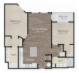 Elegant apartment floor plan showcasing two spacious bedrooms, a modern kitchen, inviting living/dining area, two bathrooms, and a cozy balcony.