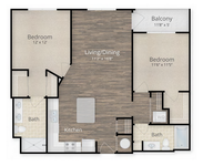 Modern 2-bedroom apartment floor plan featuring open-concept living and dining area, sleek kitchen, two bathrooms, and a cozy balcony.