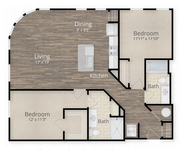 Modern floor plan showcasing 2 bedrooms, spacious living room, kitchen with island, and two bathrooms. Ideal for luxury urban living.