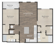 Modern 2-bedroom floor plan with a spacious living/dining area, sleek kitchen, two bathrooms, and a cozy balcony.